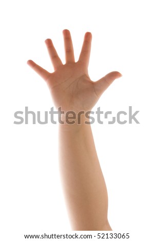 The palm of a human hand and forearm waving with five fingers extended while isolated over a white background.