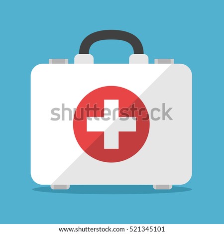 White first aid kit isolated on blue background. Health, help and medical diagnostics concept. Flat design. Vector illustration. EPS 8, no transparency Royalty-Free Stock Photo #521345101