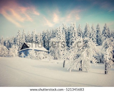 Sunny winter morning in the mountain village after heavy snowfall. Beautiful outdoor scene, Happy New Year celebration concept. Artistic style post processed photo.