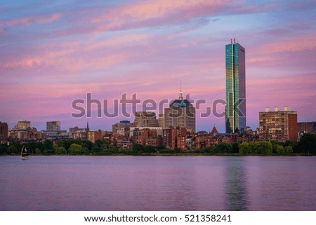 The Boston skyline and Charles River at sunset, seen from Cambridge, Massachusetts.