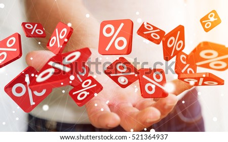 Businessman on blurred background holding sales icons in his hand 3D rendering