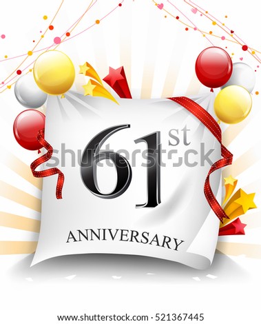 61 Years Anniversary Celebration Design on cloth, with star and balloons, Colorful Vector template elements for your birthday party.