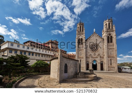 Andohalo cathedral in Antananarivo, Builded on a cliff where Queen Ranavalona had early Malagasy Christian martyrs executed. No people. Capital of Madagascar Antananarivo Royalty-Free Stock Photo #521370832