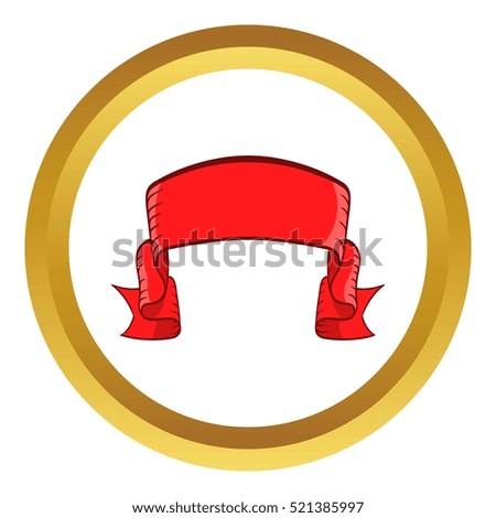 Red banner vector icon in golden circle, cartoon style isolated on white background