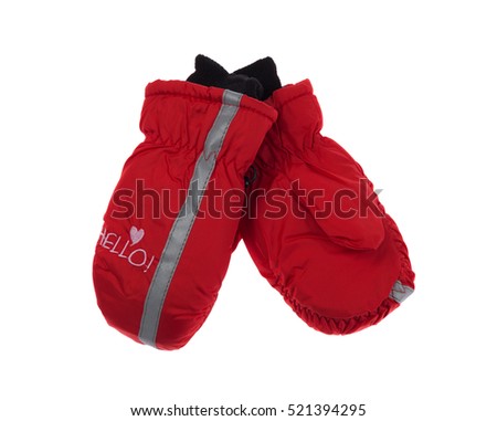 Red children winter mittens, isolate on a white background