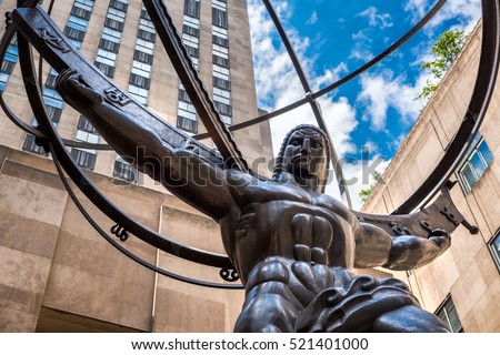 The Statue of Atlas holding the celestial spheres in New York City's Fifth Avenue Royalty-Free Stock Photo #521401000