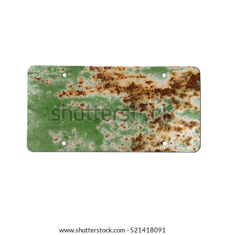 Old green plate isolated on white. Vintage sign. Rust
