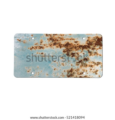 Old blue plate isolated on white. Vintage sign. Rust
