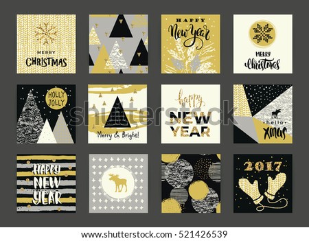 Set of artistic creative Merry Christmas and New Year cards. Hand Drawn textures and brush lettering. Design for poster, card, invitation, placard, brochure, flyer. Vector templates