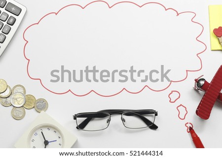 red pencil in talking bubble with coin, sticky note, calculator, glasses. Business and education concept