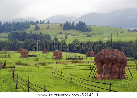 mountains landscape with haystacks
