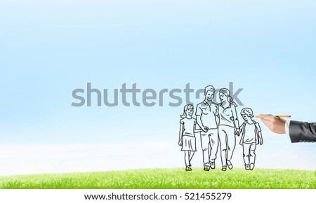 Hand drawn happy family in casual clothes with two children