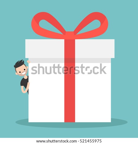 Bearded man peeping from behind a giant gift box / Copy space. Editable flat vector illustration, clip art
