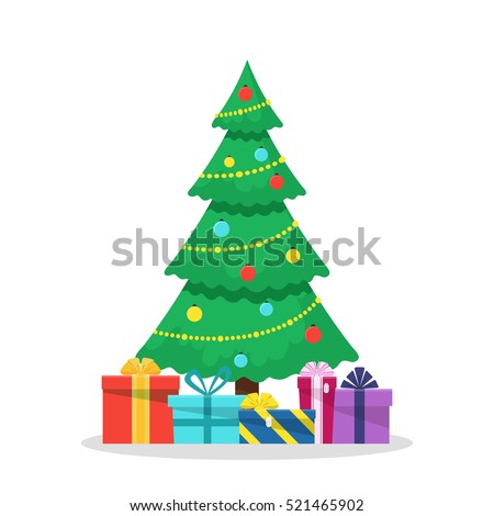 Christmas background with decorated tree and gift boxes. Colorful flat presents for holiday. Modern design. Christmas and New Year elements for decoration. Vector illustration isolated on white.