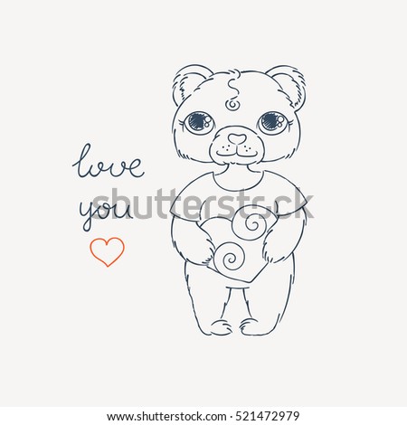 Teddy bear and heart. Valentine's day card. Vector illustration. Coloring or print image.