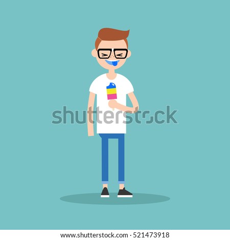Laughing nerd showing his colored blue tongue / flat editable vector illustration, clip art