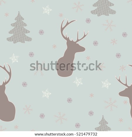 Magical Christmas pattern featuring a deer silhouette, lacy Christmas trees, snowflakes and stars. Vector hand drawn illustration in pastel colors with isolated objects on a light blue background.