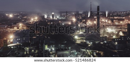 Night view  of industrial metallurgical  plant, vintage picture