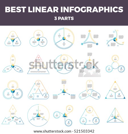 Business infographics. Linear infographic elements, circles, triangles, pyramids, arrows with 3 steps, options, parts. Outline vector pie charts.