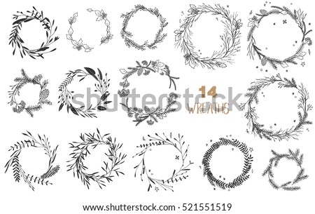 Vector big collection of hand written christmas phrases and quotes. Elegant calligraphic lettering phrases with pastel wreaths.  Royalty-Free Stock Photo #521551519