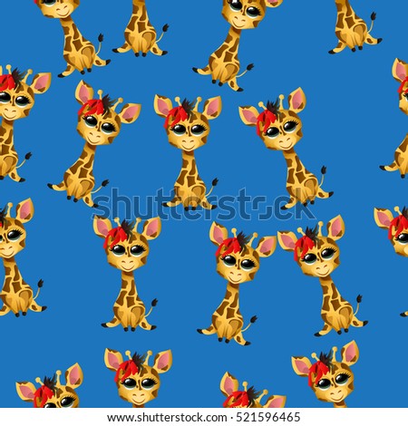 Very high quality original trendy vector seamless pattern with cute giraffe baby with ribbon