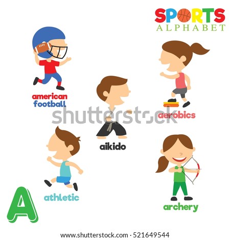 Cute Sports alphabet in vector with A letter. Funny cartoon sports. Alphabet design in a colorful style. 