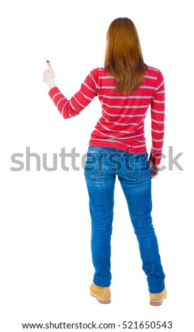 Back view of  woman thumbs up. Rear view people collection. backside view of person. Isolated over white background. The girl in a red striped sweater with long sleeves showing thumb up.