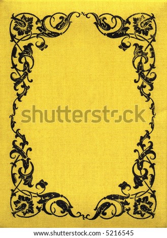 Vintage  yellow fabric with a black illustration of flowers and leaves. Detail, XXL