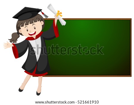 Girl in graduation gown by the blackboard illustration