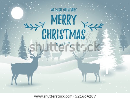 Holiday winter landscape with deer silhouettes. Winter christmas background with fir tree. Merry Christmas handdraw style lettering . Vector illustration. EPS 10