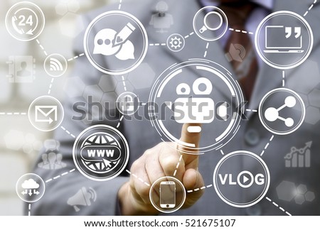Man presses camcorder video blog icon on touch virtual screen on background internet vlogging sign. Vlog social network communication web concept. Streaming broadcast account translation video camera.