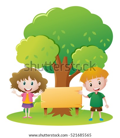 Two kids and sign in the park illustration
