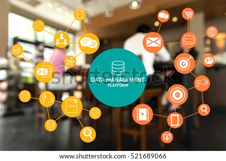 Data Management Platform (DMP) , Marketing and crm concept. Infographic , texts and icons on coffee retail shop background. 
