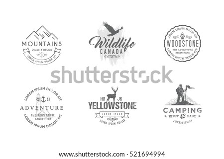 Set of premium labels on the themes of wildlife, hunting, travel, wild nature, climbing, camping, life in the mountains, survival. Retro, vintage, casual design. #8