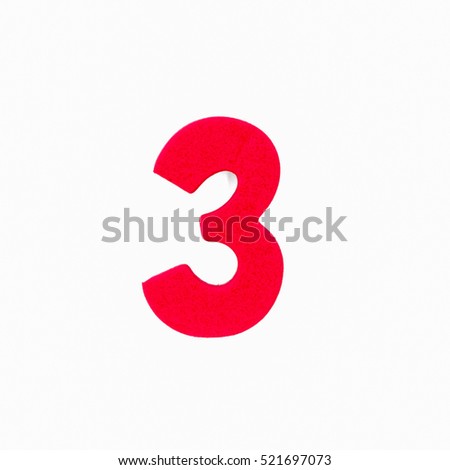 Number 3 of red foam toy isolated on white background.Arabic number