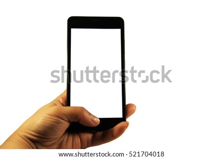 Female hand holding black modern smart phone with blank screen. Isolated on white background