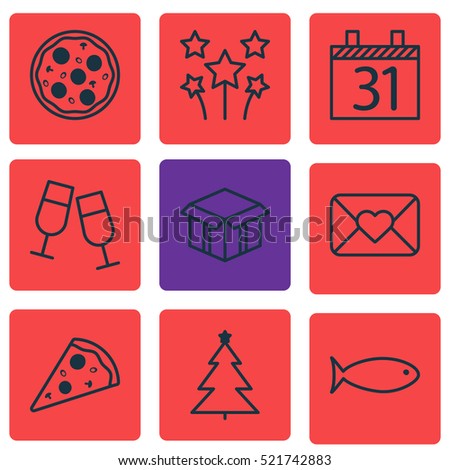 Set Of 9 Holiday Icons. Can Be Used For Web, Mobile, UI And Infographic Design. Includes Elements Such As Fish, Festive, Celebration And More.