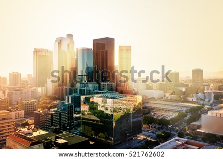 Los Angeles, California, USA downtown cityscape at sunset Royalty-Free Stock Photo #521762602