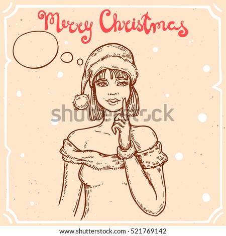 Vector illustration of dreaming christmas girl,text Merry Christmas on the background with abstract paper texture,retro frame.Letters,woman in hat sketch.Linear art in vintage style for your design.