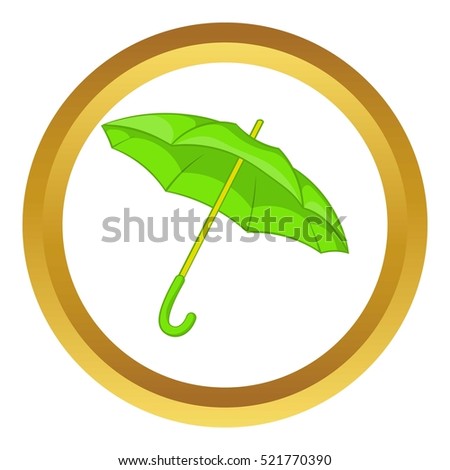 Green umbrella vector icon in golden circle, cartoon style isolated on white background