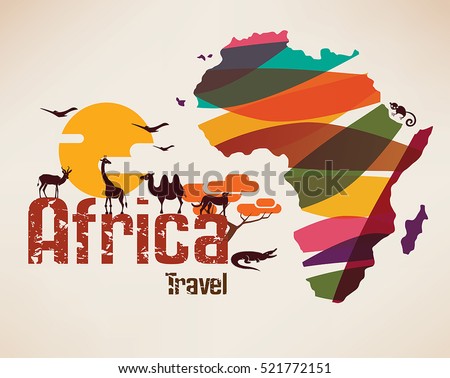 Africa travel map, decorative symbol of Africa continent with wild animals silhouettes Royalty-Free Stock Photo #521772151