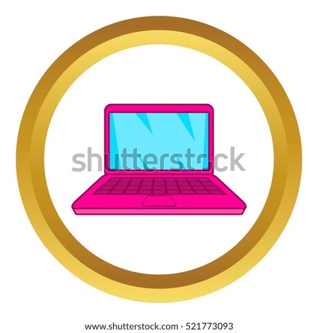 Pink laptop vector icon in golden circle, cartoon style isolated on white background