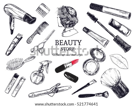 Beauty store background with make up artist and hairdressing objects: lipstick, cream, brush. Template Vector. Hand drawn isolated objects Royalty-Free Stock Photo #521774641
