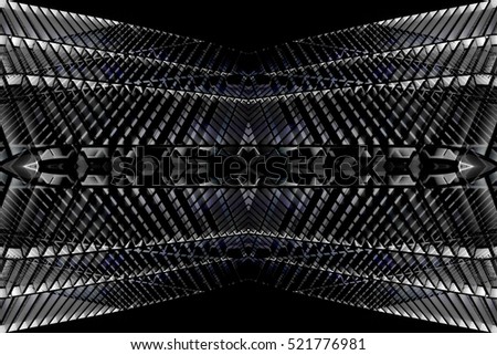 Digitally composed photo of louvered structure resembling futuristic roof or ceiling. Realistic though fictional hi-tech architecture object with night lighting.