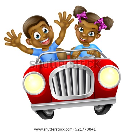 A boy and girl having fun driving fast in a car on a road trip
