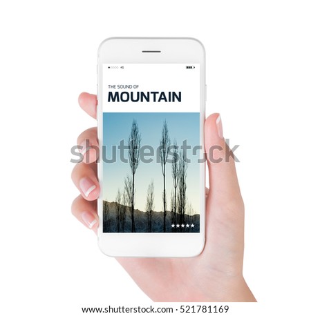 woman using her smart phone for searching the travel information of beautiful Himalayan landscape at the sunrise time, Ladakh India. Traveling concept, isolated on white background.