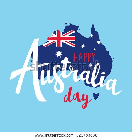 Happy Australia day lettering. Map of Australia with flag on a blue background. Vector illustration Royalty-Free Stock Photo #521783638
