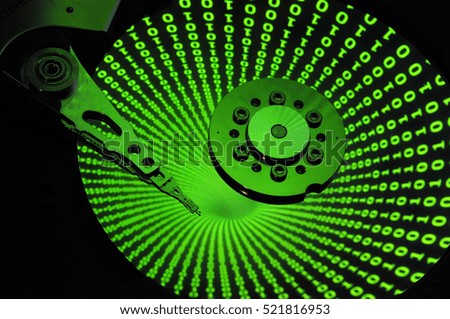 Open Hard Drive Disc with Green Binary Effect. Future Background.