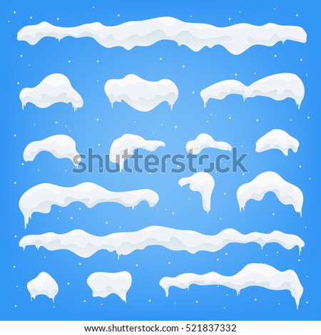 Snow caps, snowballs and snowdrifts set. Snow cap vector collection. Winter decoration element. Snowy elements on blue background. Cartoon template. Snowfall and snowflakes in motion. Illustration. Royalty-Free Stock Photo #521837332