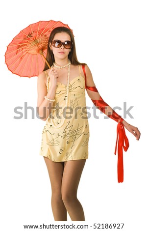 beauty woman posing in yellow dress with ambrella on white background isolated